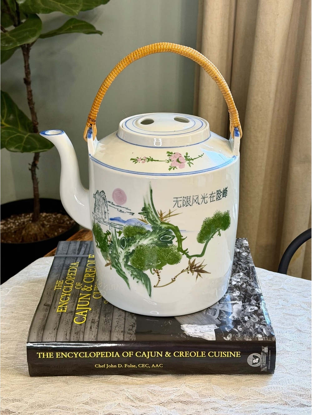 Chinese Porcelain Teapot Kettle Bamboo Handle Landscape Floral Asian Decor
